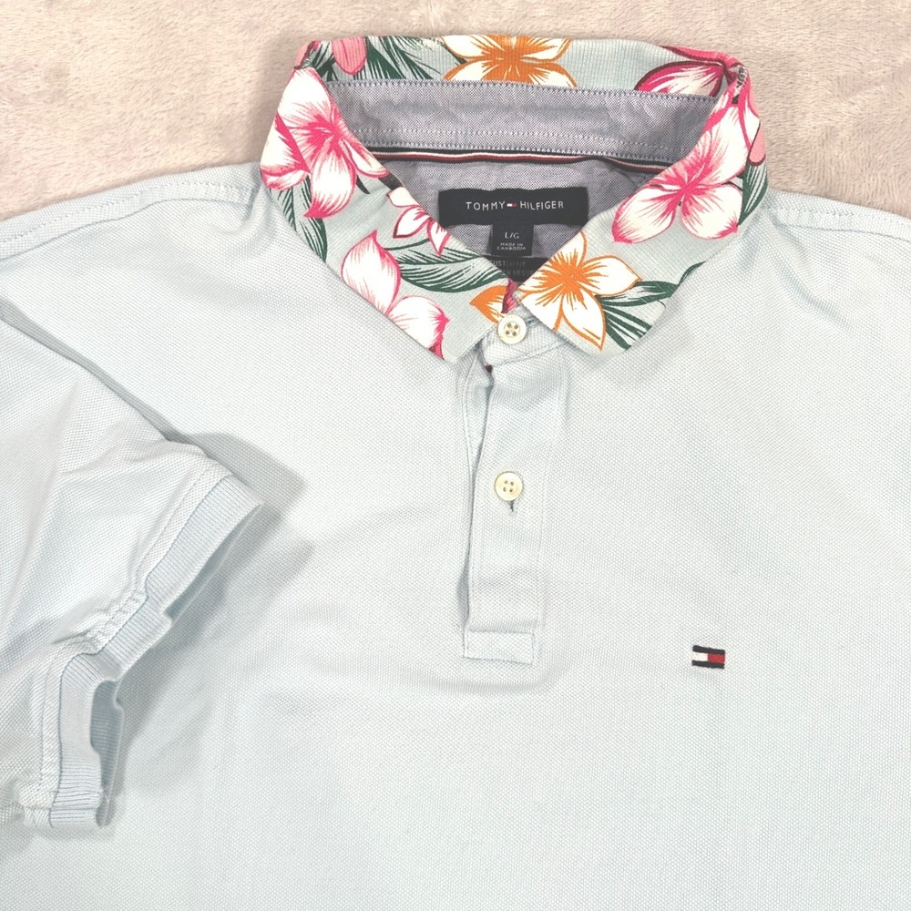 Tommy Hilfiger Shirt Mens L Custom Fit Polo Shirt Light Blue Floral Tropical Y2K